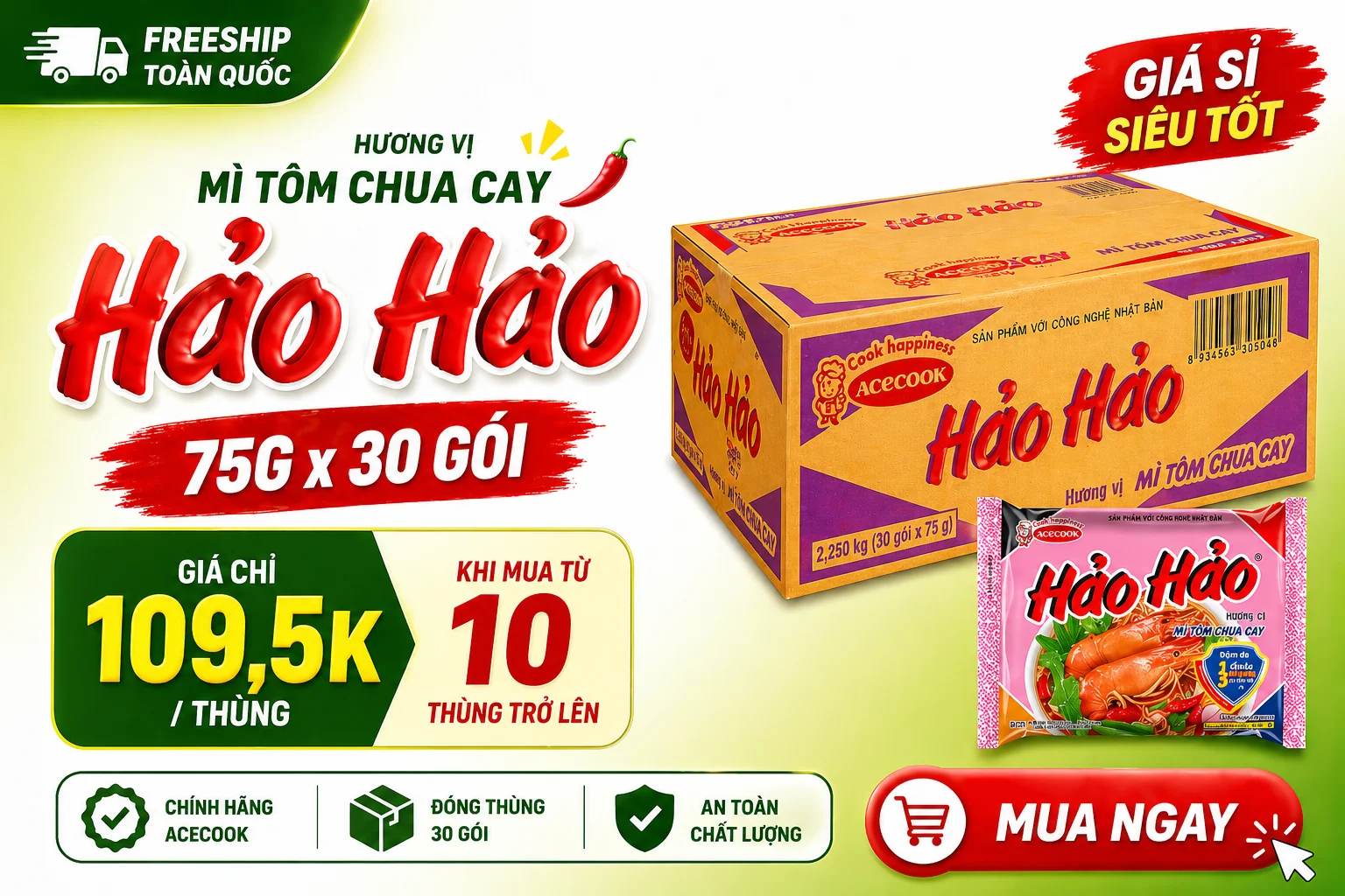 Khuyến mãi mì Hảo Hảo chua cay 75g thùng 30 gói giá sỉ 109,5k, freeship, mua từ 10 thùng – Acecook chính hãng