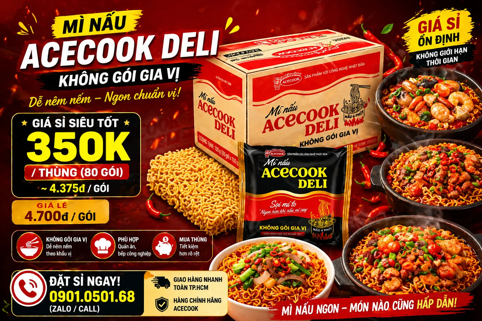Mì nấu Acecook Deli 100g không gói gia vị thùng 80 gói giá sỉ 350k, phù hợp quán ăn bếp công nghiệp, giao nhanh HCM